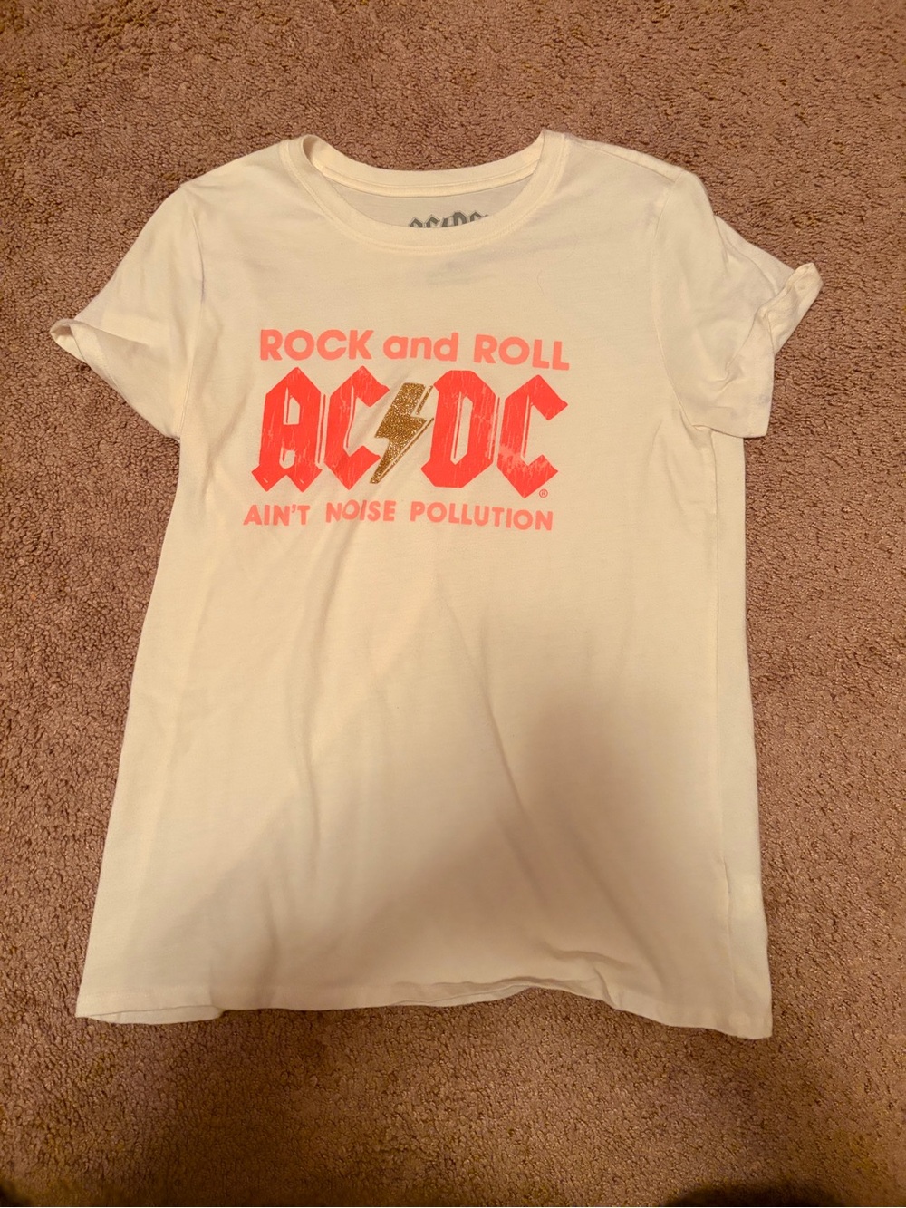 Lucky Brand White Tee with Coral AC/DC Graphic and Gold Bolt